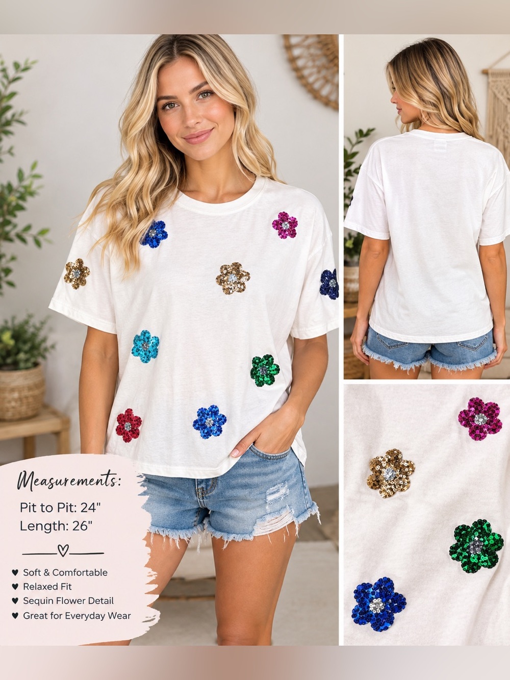 Sequin Flower Embellished White Tee - Women's Casual Top